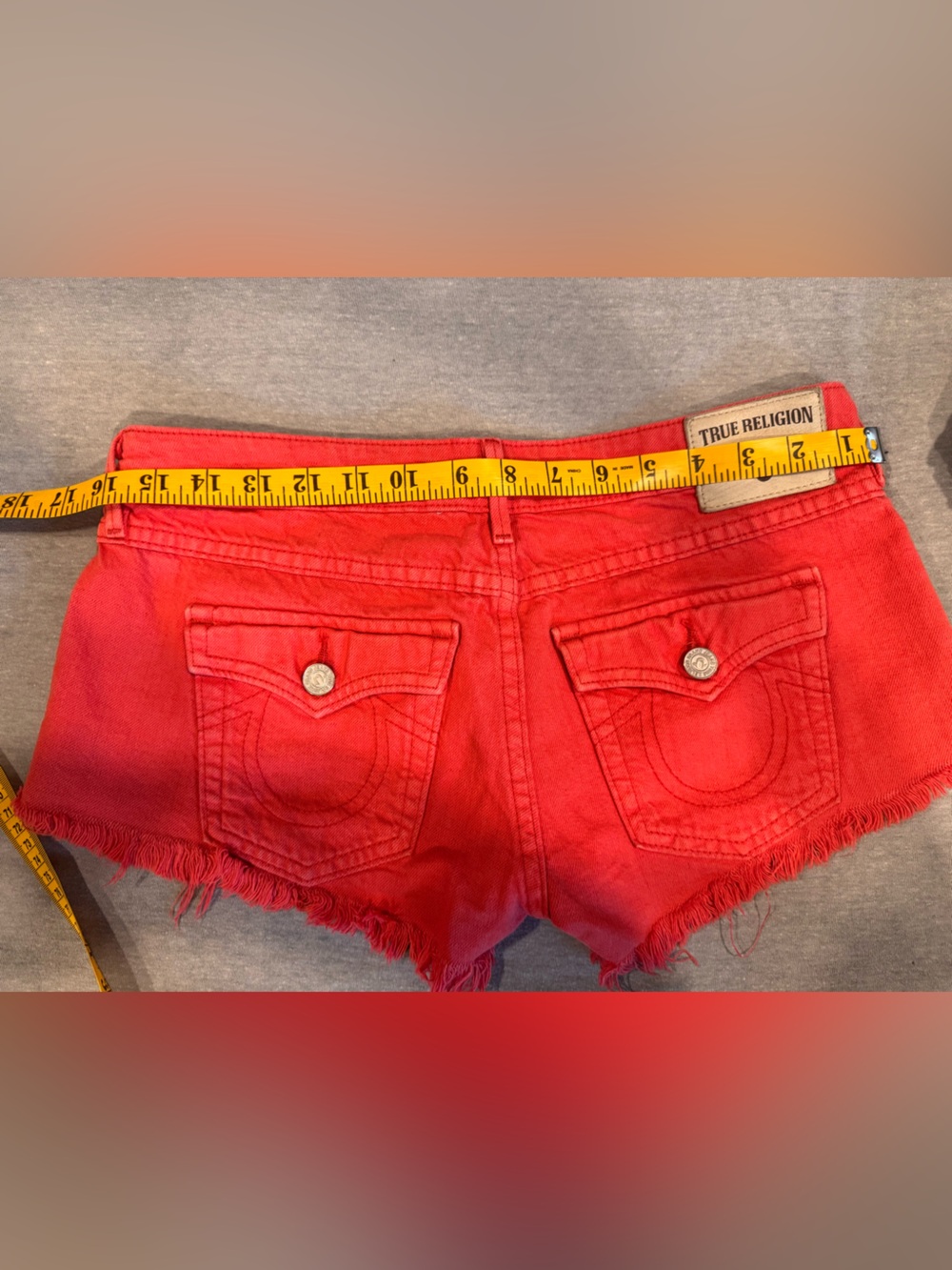 True Religion Red Frayed Hem Jean Cutoff Shorts - Picture 4 of 4